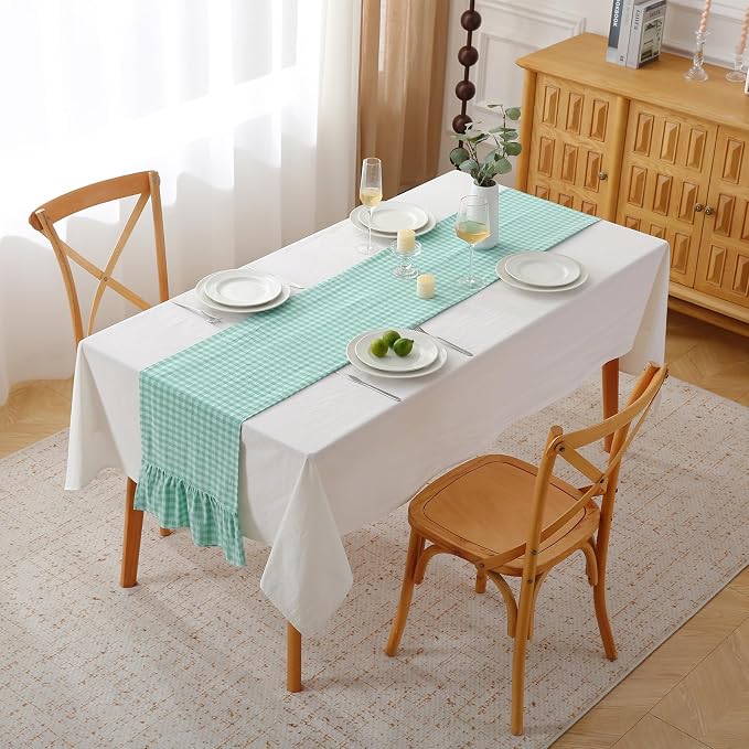 Spa Blue White Plaid Gingham Ruffle Table Runner 108 inches Long Christmas 100% - Image 2