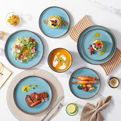 vancasso Plates and Bowls Sets, 24 Pieces Stoneware Dinnerware Sets for 8, Kitchen Dish Set Mircowave and Dishwasher Safe Dinner Set Ceramic Dishware, Sky Blue, Series AMBER