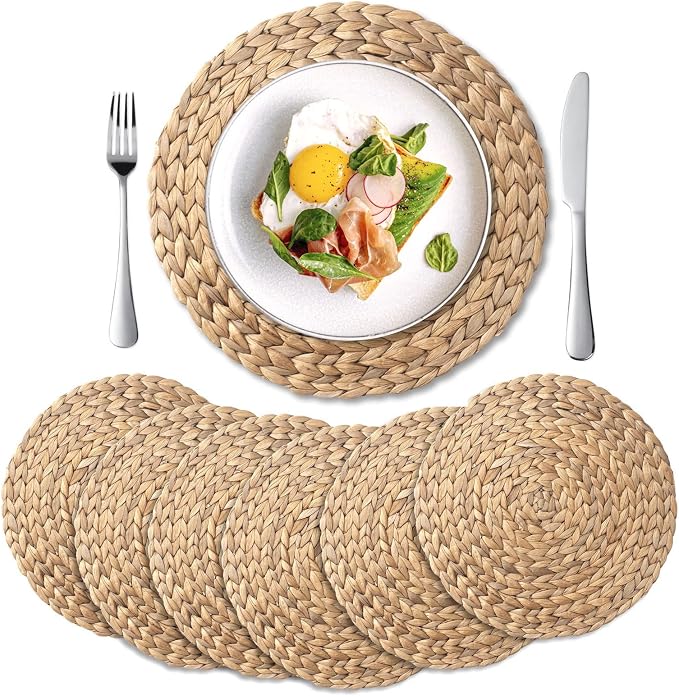 6 Pack, Round Woven Placemats, Natural Water Hyacinth Wicker Place mats by YANGQIHOME