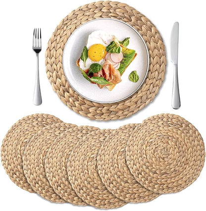 6 Pack, Round Woven Placemats, Natural Water Hyacinth Wicker Place mats by YANGQIHOME