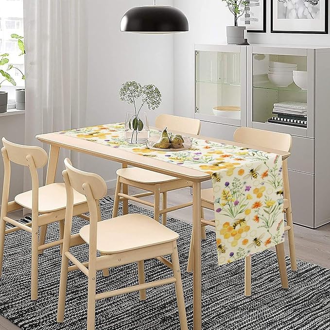 Summer Bee Table Runner, Seasonal Spring Wildflowers Bee Yellow Honeycombs - Image 2