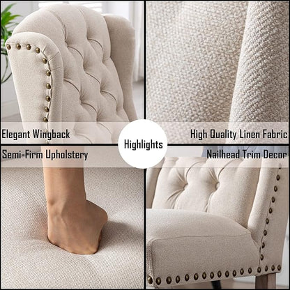 Parsons Dining Chairs Set of 2 Farmhouse Solid Wood Accent Chairs Linen Fabric Host Side Kitchen Chair with Tufted Wingback for Dining Room/Living Room/Bedroom,Cream