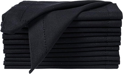 Bedding Craft Cloth Dinner Napkins Set of 12 – 18x18 Jet Black Linen-Look Hemstitched – Reusable Machine Washable Fabric Napkins for Weddings, Events & Everyday Dining