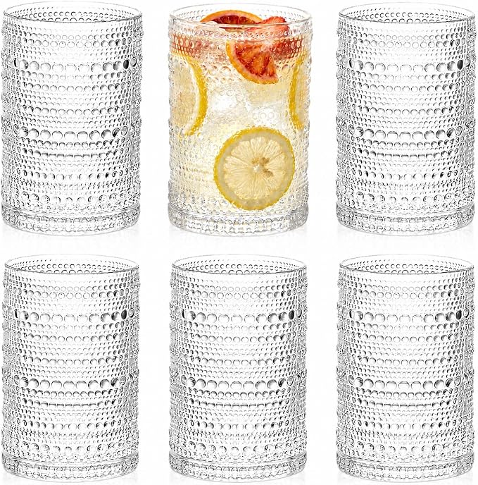 ZOOFOX Set of 6 Vintage Drinking Glasses, 13 oz Clear Hobnail Glasses Tumbler by zoofox