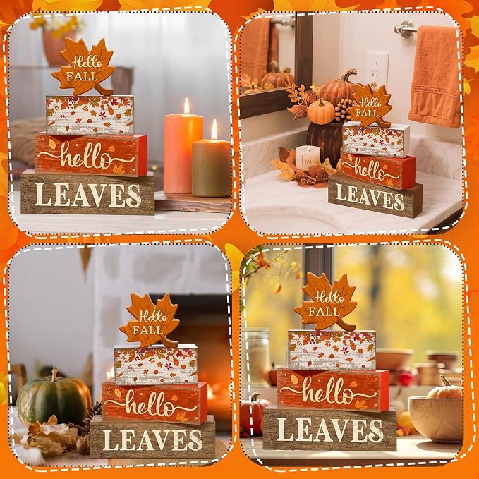 Moucuny 4 Pcs Fall Decor Wooden Maple Leaf Decoration Thanksgiving Tiered Tray - Image 4