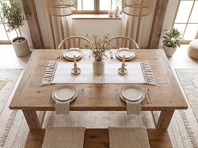 Boho Table Runner with Tassels White - Image 5