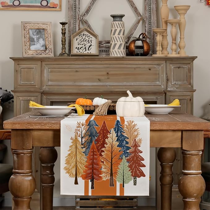 Fall Watercolor Trees & Maple Leaves Striped Table Runner 13x60 Inch, Rustic - Image 3
