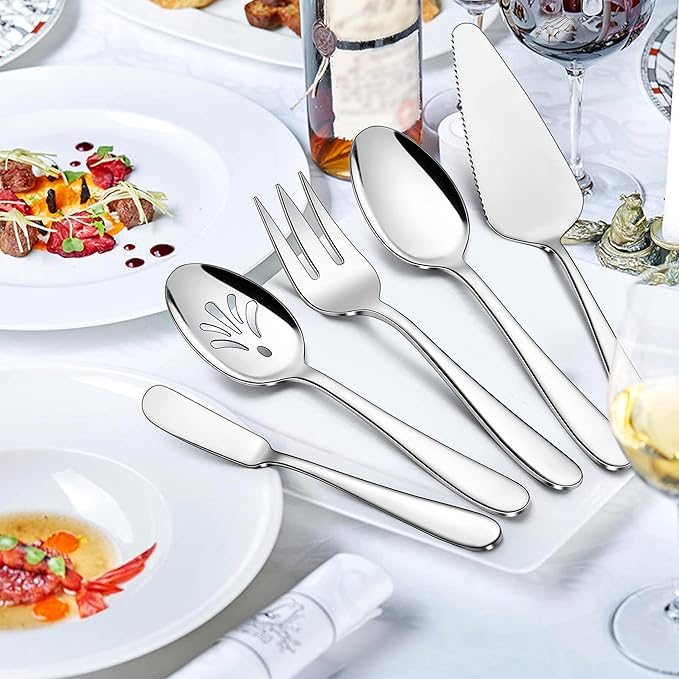 Herogo Heavy Duty Silverware Set with Serving Utensils, 45-Piece Stainless Steel Heavy Weight Modern Flatware Set for 8, Fancy Cutlery for Home Wedding, Dishwasher Safe, Mirror Finished
