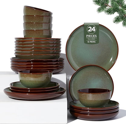 24 Piece Double Bowl Dinnerware Sets with Pasta Bowls, Highly Chip and Crack Resistant Plates and Bowls Sets, Natural Earthyware Ceramic Dishware Sets, Service for 6 Sage Green