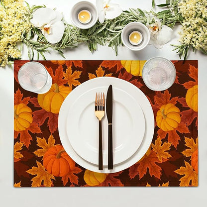 aportt Fall Placemats Set of 4 Autumn Pumpkin Leaves Linen Place Mat Washable Non-Slip Heat Resistant 12×18 Inch Thick Place Mats Decorative Fabric Table Mat for Dining Table