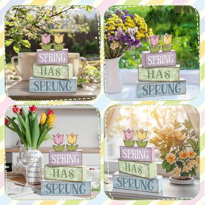 Moucuny 4 Pcs Spring Table Decorations Wooden Stacked Block Sign - Image 5