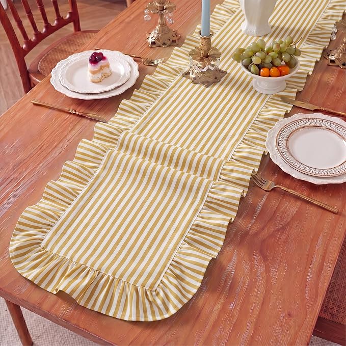 HunnmingRe Ruffle Trim Boho Table Runner Farmhouse Rustic Stripes Scalloped - Image 6