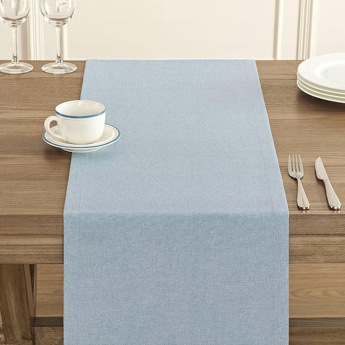 Basic Linen Style Table Runner, 14x60 Inch Chambray Blue | Mitered Corner Design - Image 5
