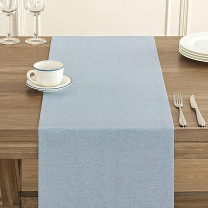 Basic Linen Style Table Runner, 14x36 Inch Chambray Blue | Mitered Corner Design - Image 5