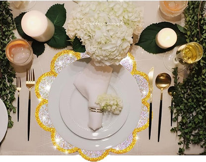 Washable Waterproof Diamond Circle Placemats for Round Tablescape Decor for Dinner and Kitchen Bling Placemats for Weddings & Special Events-8 PCS (Yellow)