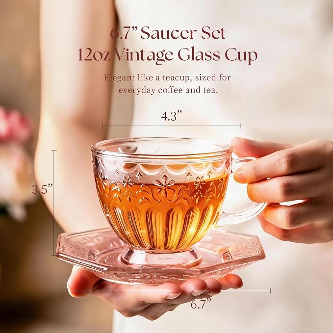 Vintage Glass Tea Cup and Saucer Set, 12 oz Large Coffee Cup | Handcrafted - Image 4