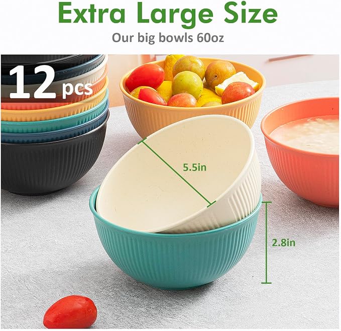 12Pack 24 oz Unbreakable Cereal Bowls, Reusable Plastic Lightweight Bowls - Image 6