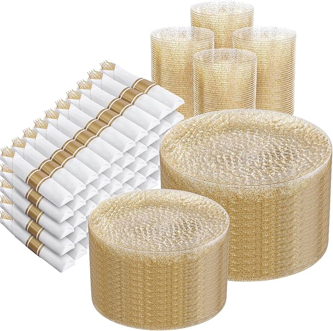 Rubtlamp 700Pcs Gold Glitter Plastic Dinnerware Set, Hammered Clear Plates by Rubtlamp