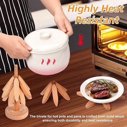 Wooden Trivets for Hot Dishes，Trivets for Hot Pots and Pans，Hot Pads for Table，Tree Coasters Set of 4(4 Trivits+1 Stand)