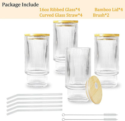 Glass Cups with Lids and Straws 16 oz Ribbed Drinking Glasses Set | Vintage - Image 7