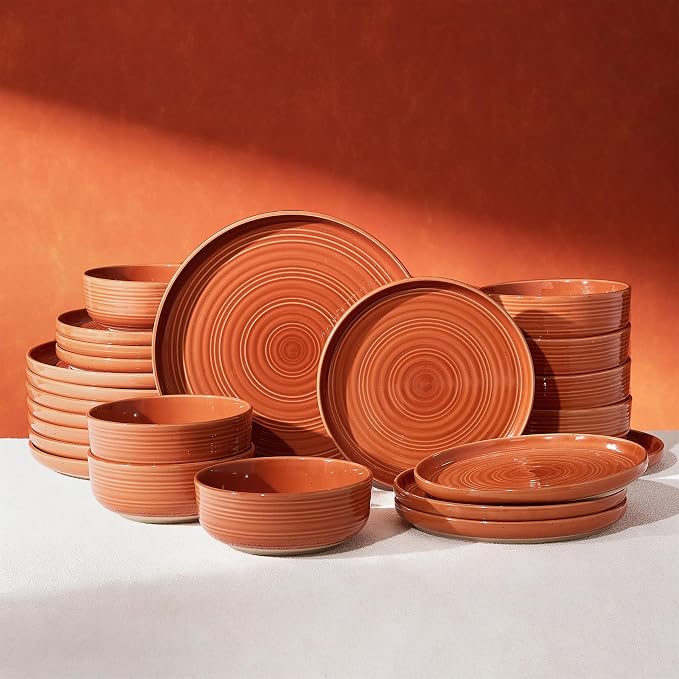 Dinnerware Set for 8, Ceramic Plates and Bowls, Terracotta | 24 pcs Speckled by FamiwarePremium