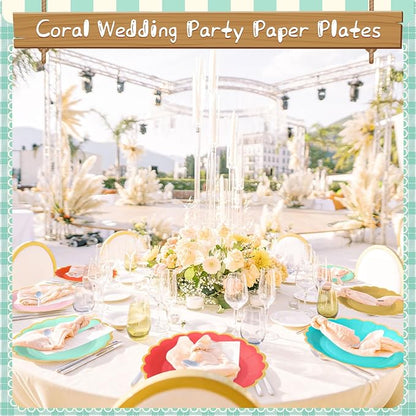 96 Pcs Colorful Coral Paper Plates 9 Inch Pastel Rainbow Scalloped Paper Plates Disposable Dinner Dessert for Birthday Wedding Bridal Party Supplies, 6 Colors