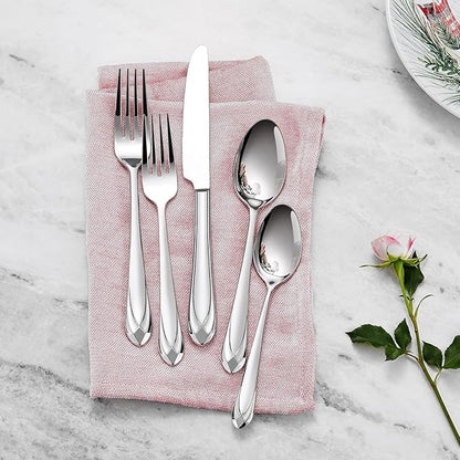 KEAWELL Premium Astra Flatware Set, 65-Piece for 12, Mirror-Finished 18/10 Stainless Steel Silverware, Modern Cutlery Dishwasher Safe for Meals and Gatherings (65, Silver)