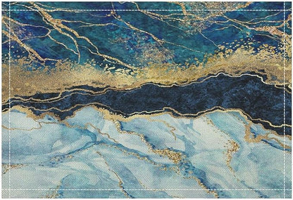 Marble Linen Placemats Set of 2, Modern Abstract Foil Texture White Blue Gold Marble Washable Cloth Place Mats, Non-Slip Dining Table Placemats for Home Kitchen Party Banquets Decor 12x17 Inch