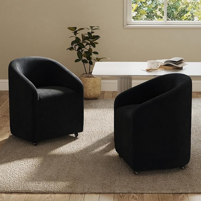 Modern Barrel Dining Chairs with Rolling Casters Set of 2, Upholstered Velvet Swivel Dining Room Chairs with Wheels for Kitchen Living Room Home Office, Black