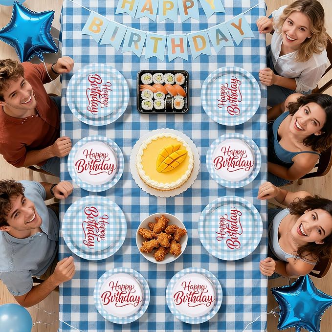 96 Pcs Blue Gingham Birthday Party Decorations, Serves 24 | Blue and White - Image 8