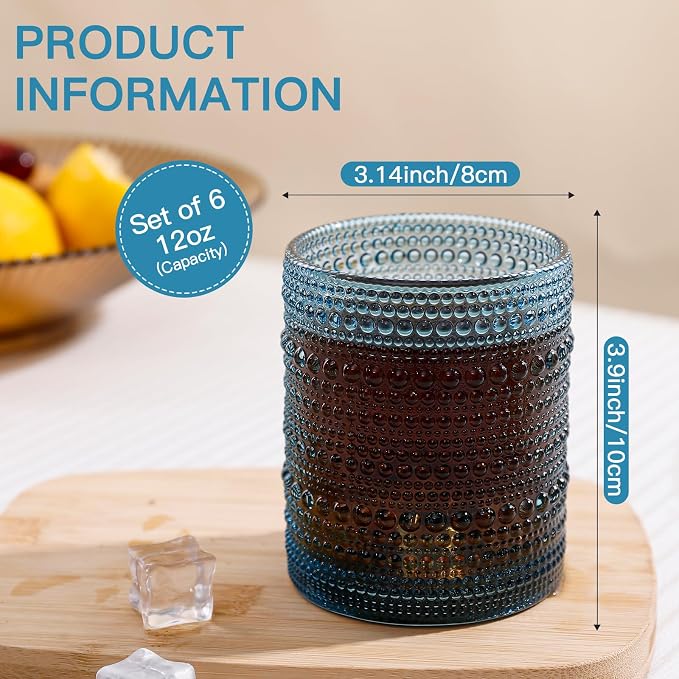 JOVGANK Blue Vintage Hobnail Drinking Glasses Set of 6, Embossed Water Tumbler - Image 2