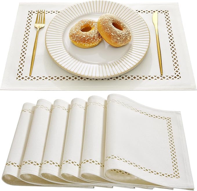 Farmhouse Burlap Hollow Placemats Set of 6, 12 x18 Inch Off White | Double Layer by Aoztio
