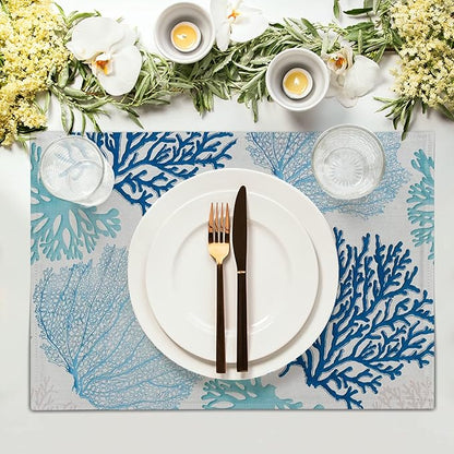 Giwawa Ocean Coral Placemats Set of 4 Summer Blue White Coral Reef Linen Table Place Mat Nautical Sea Marine Seaweed Heat-Resistant Place Mats for Dining Kitchen 12"x18"