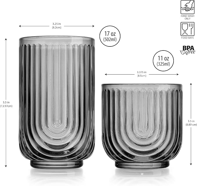 Glaver's 8 Piece Smoke Glassware Set, Art Deco Black Drinking Glasses, Ribbed - Image 3