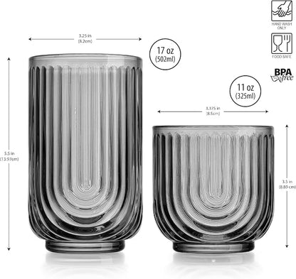 Glaver's 8 Piece Smoke Glassware Set, Art Deco Black Drinking Glasses, Ribbed - Image 3