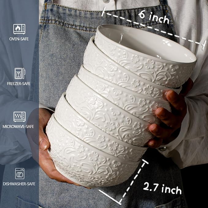 Ceramic Cereal Bowls 26 OZ, Embossment Soup Bowls - Image 3