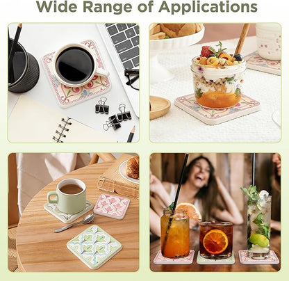Coasters Set of 4, Square Drink Coasters Absorbent Heat Resistant Diatomite Coaster Cup Mats Vintage Home Decor for Coffee Table Desktop Protection (A, 3.9" x 3.9", 4pcs)