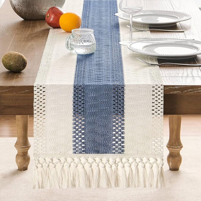 Macrame Style Bicolor Stitching Table Runner 14x90in Blue | Woven Boho Table - Image 2