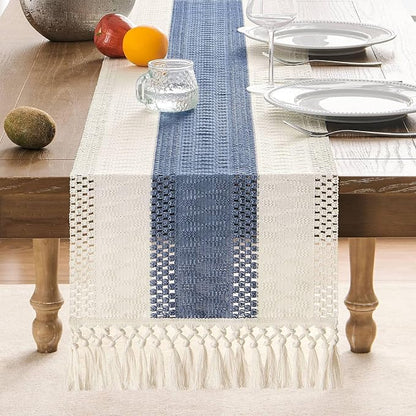 Macrame Style Bicolor Stitching Table Runner 14x36in Blue | Woven Boho Table - Image 2