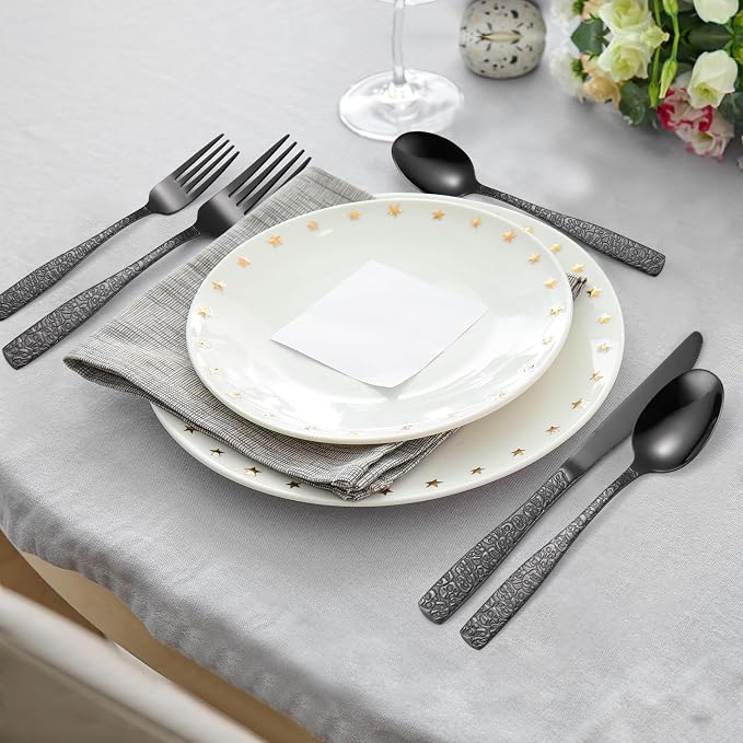 Skull Embossed Silverware Set for 8, OIULO 40-Piece Black Flatware set - Image 6