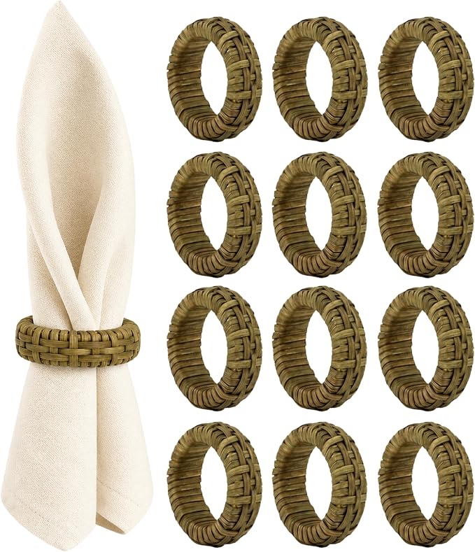 Cane Woven Napkin Rings Set of 12, Versatile Cane Napkin Holder Natural by CLEENTABLE