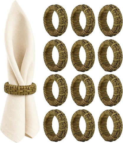 Cane Woven Napkin Rings Set of 12, Versatile Cane Napkin Holder Natural by CLEENTABLE