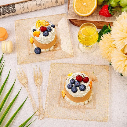 DaYammi 100Pcs Gold Glitter Dessert Plates Including 50Pcs Appetizer Plates 6",50Pcs Plastic Forks 5.7",Gold Glitter Plastic Square Plate for Party,Gold Salad Plate with Cake Fork for Birthday Wedding