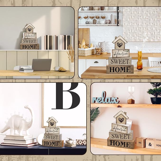Moucuny 4 Pcs Farmhouse Table Decor Rustic Home Sweet Home Tiered Tray - Image 8