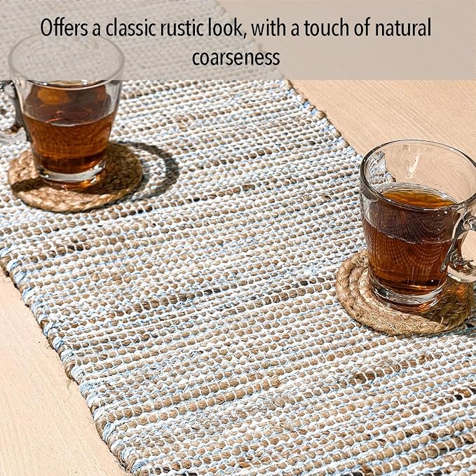 Natural Jute Table Runner, 13x90 Inch, Sky Blue-White | Vintage Boho Rustic - Image 5
