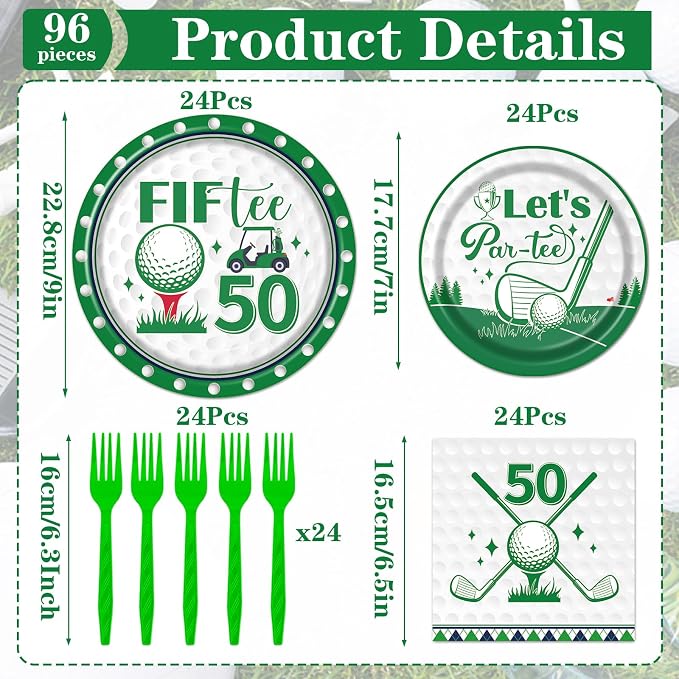 Rakuto Golf 50th Birthday Party Decorations 96PCS Plates Napkins Forks | Golf - Image 2