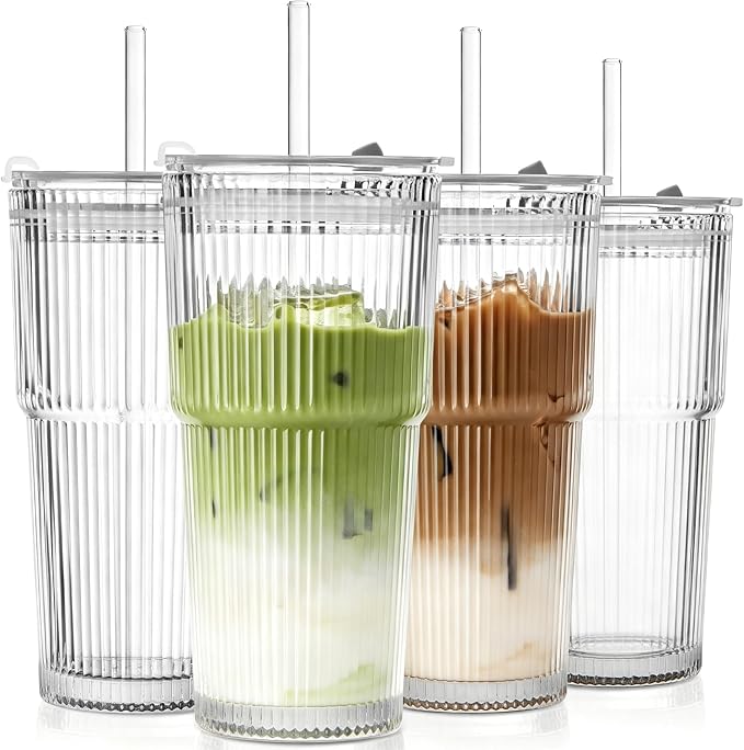 TUZAZO 20 Oz Ribbed Glass Coffee Tumblers by TUZAZO