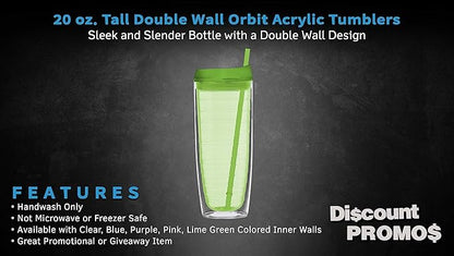 DISCOUNT PROMOS Tall Orbit Acrylic Tumblers 20 oz. Set of 10, Bulk Pack - Perfect for Iced Coffee, Soda, Other Hot & Cold Beverages - Lime Green