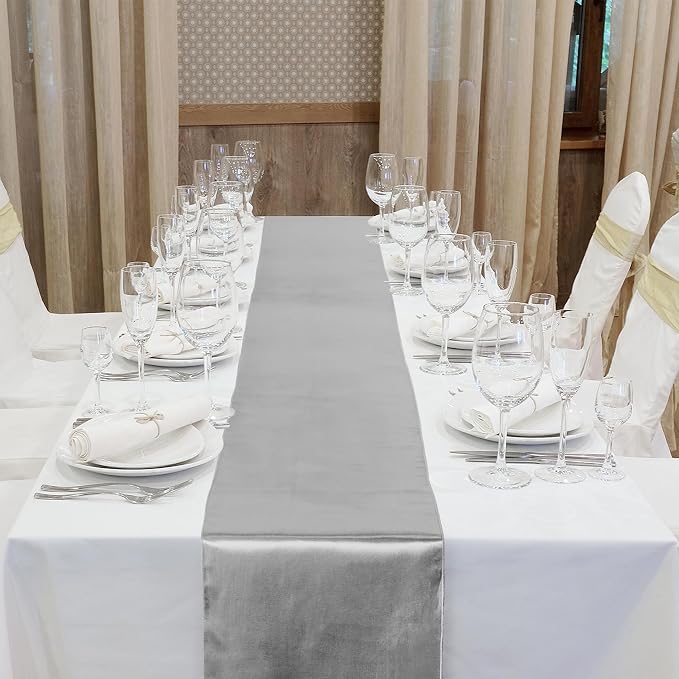Aneco 16 Pack Satin Table Runner 12 x 108 Inch Silver Long Wedding Satin Silk - Image 4