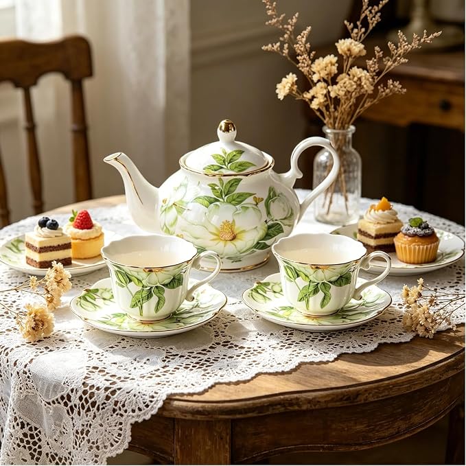 Vintage Porcelain Floral Tea Set — 22oz Teapot + 2 Tea Cup & Saucer Sets + 2 - Image 4